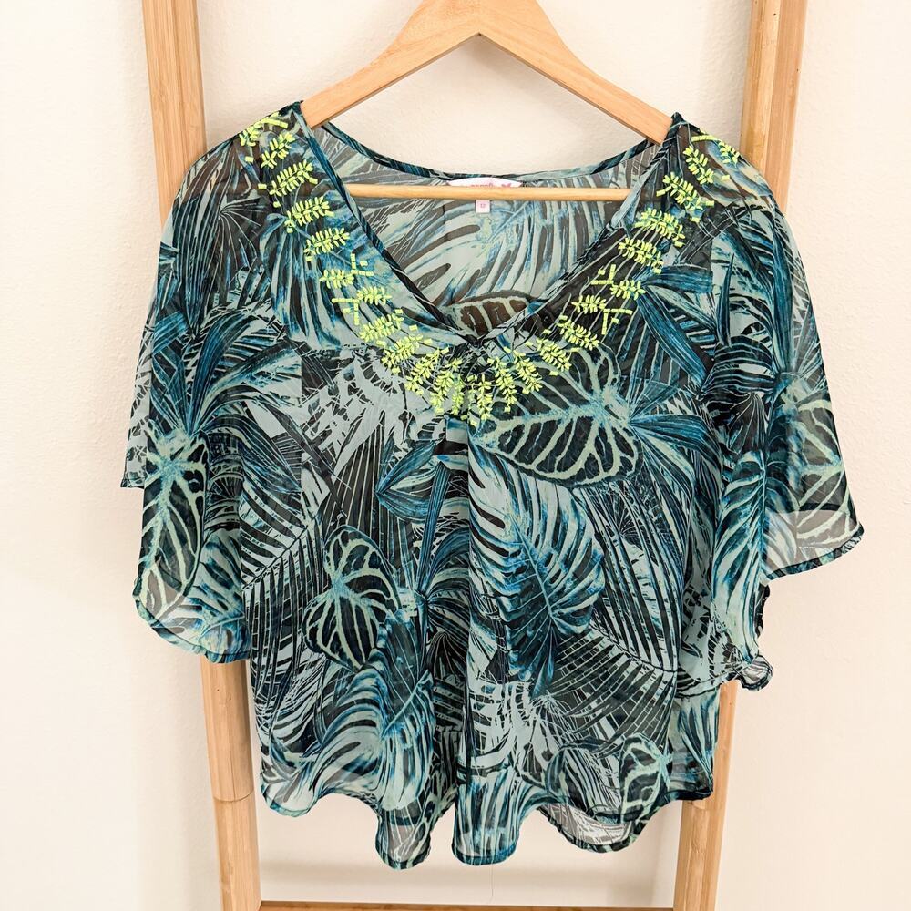 Butterfly by Matthew Williamson Tropical Leaf Embellished Sheer Blouse Size 12